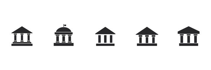 Bank icon set. University black symbol group. Building with columns silhouette collection. Vector isolated on white