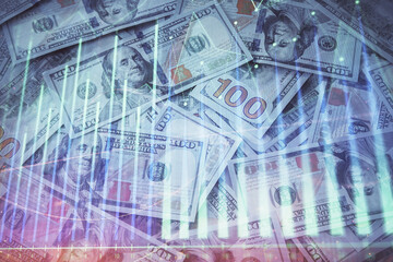 Double exposure of forex graph drawing over us dollars bill background. Concept of financial markets.