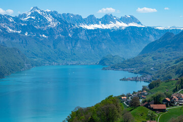 Obraz premium View over Walensee, a famous lake in Switzerland, to the surrounding mountains
