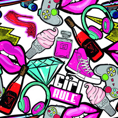 hand drawn fashion girls pattern. Colourful modern teenagers background with graffiti elements, stickers. girlish  print for textile, clothes, wrapping paper.
