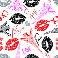Fashion seamless pattern. Bonjour Paris. pattern with original calligraphic fonts, sketch Eiffel Tower and lips. for  fashion clothes, t shirt, child, wrapping paper. Creative girlish design   © SokolArtStudio