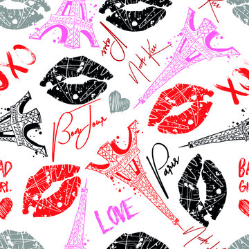 Fashion seamless pattern. Bonjour Paris. pattern with original calligraphic fonts, sketch Eiffel Tower and lips. for  fashion clothes, t shirt, child, wrapping paper. Creative girlish design  