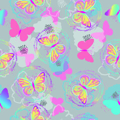 Seamless neon pattern with butterflies.  hand drawn butterflies. Pattern for textiles, children's clothes, wrapping busakgi .. Girlish background