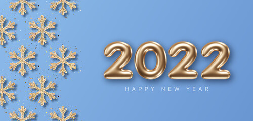2022 New Year card template with decorative snowflakes and glittering 3d numbers on blue background