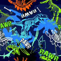 Seamless  Dino pattern, print for T-shirts, textiles, wrapping paper, web. Original design with t-rex,dinosaur skeleton.  grunge design for boys .  © SokolArtStudio