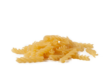 Small slide fusilli, fusillini lying on white. Italian pasta.