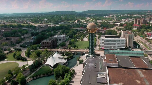 Aerial flying over downtown Knoxville & the sunsphere, Georgia, USA