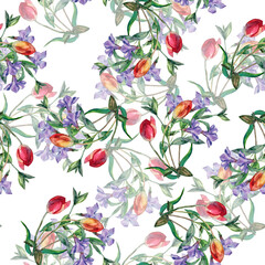 Seamless pattern from flowers tulip with periwinkle drawing in watercolor on white background. 