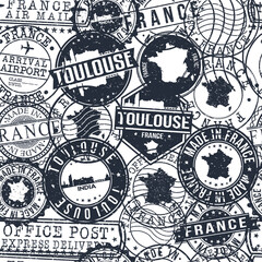 Fototapeta premium Toulouse France Stamps Background. City Stamp Vector Art. Postal Passport Travel. Design Set Pattern.