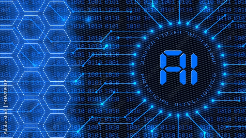 Poster ai - abstract artificial intelligence background with blue lettering - 4-digit binary code behind in