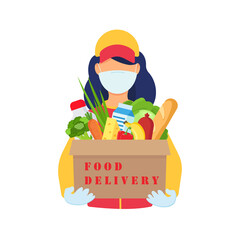 Safe food delivery. Young delivery girl delivering grocery order with a mask and gloves during the coronavirus pandemic. Vector cartoon flat illustration isolated on white background