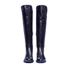 Women's black boots on a white background..
