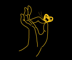 Fototapeta premium Buddha hand and butterfly on a black background. Sketch. Vector illustration.