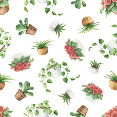 Watercolor vector seamless pattern of indoor green plants in pots.