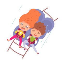 Kids riding in amusement park car. Happy children sitting on rollercoaster in seats vector illustration. Little boy and girl having fun in summer carnival or fair on white background