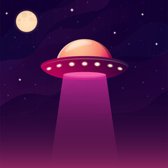 Alien spaceship. UFO flying with lights at night. World UFO day. Vector illustration