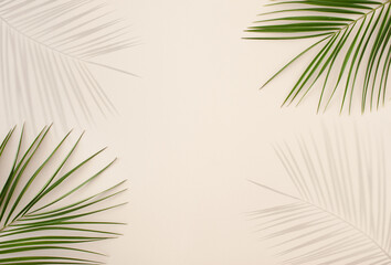 Tropical palm leafs and shadows over pastel beige  color  background.