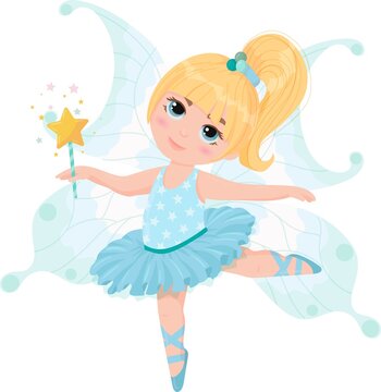 Cute cartoon ballerina in a blue dress. Little fairy. Magic wand in hand. Blonde girl dancing ballet in a fairy costume. Vector illustration isolated on white background.