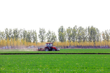 Farmers drive seeders to grow Plastic Mulched peanuts on the farm.