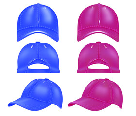 A set of caps from different angles in red and blue. Design of caps and baseball caps side view, back, front view, isolated on white background. Vector illustration