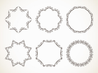 Ornamental calligraphic round frame with heart design element, Vector set