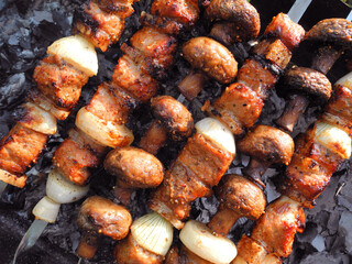 Skewers with pieces of meat, lard, onion rings and mushrooms over charcoal. Barbecue menu.