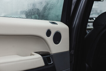 inside car door with beige and black leather
