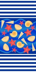 Print for beach towel with blue marine stripes, oceanic waves and starfish and seashells on dark cobalt background. Print for fabric.