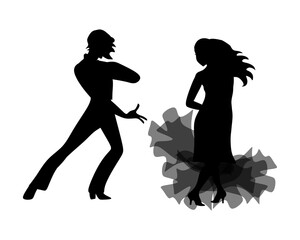 Black silhouettes of dancing man and woman isolated on white background.