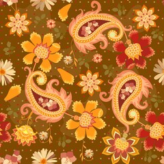 Seamless folk floral and paisley pattern in yellow,dark green and brown tones. Indian, turkish, damask, russian motifs. Print for fabric.