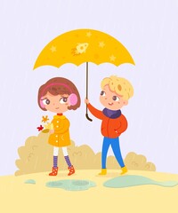 Obraz na płótnie Canvas Happy kids in autumn. Children in rainy weather walking outdoor vector illustration. Girl collecting leaves, boy holding umbrella in park. Bushes and puddles on ground background