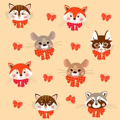 Obraz premium Adorable mustachioed little animals' faces: foxes, kittens, mice and raccoons. Cute cartoon print for kid.