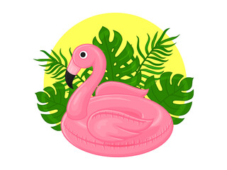 summer illustration. rubber ring for swimming, flamingo and tropical leaves. Cartoon style.