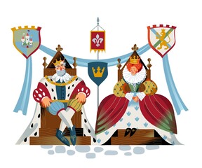 Medieval king and queen sitting on throne. Royal woman and man emperor in Middle Ages vector illustration. Historical people in traditional costumes and crowns on white background