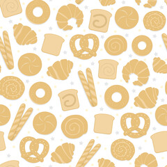 Bakery products seamless pattern. Cute simple decorative hand drown vector pattern background for print, wrapping, textile design. Menu design elements for cafe, restaurant, buffet or bakery.