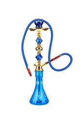 Hookah shisha with blue glass flask and metal bowl on a white background.