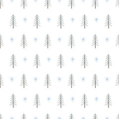 Seamless pattern with Christmas trees and snowflakes. Backgrounds and wallpapers for invitations, cards, fabrics, packaging, textiles. Vector illustration.
