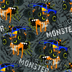 Abstract seamless Monster Truck car pattern on grunge shape cracked background with shabby dots and spray paint texture, ink. Boys style wheel auto repeated backdrop. 