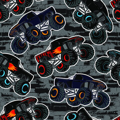 Abstract seamless Monster Truck car pattern on grunge shape cracked background with shabby dots and spray paint texture, ink. Boys style wheel auto repeated backdrop.  © SokolArtStudio