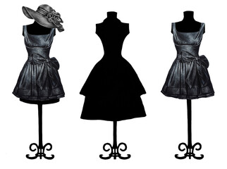 Set of three mannequins with dresses, one of which is in the form of a silhouette. Hand drawn. Illustrations. Fashion sketch. Closeup. Print. Template.