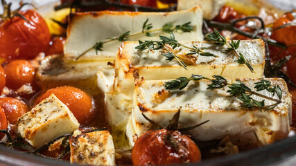  Homemade feta pasta, oven baked cherry tomatoes and feta cheese with olive oil, garlic and thyme,...