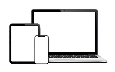Laptop, tablet and smart phone isolated on white background with empty screen
