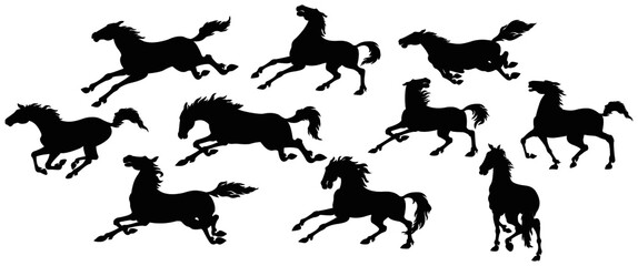 Silhouette of running horses in different poses and movements.
