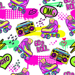 hand drawn fashion girls pattern. Colourful modern teenagers background with graffiti elements, stickers. girlish  print for textile, clothes, wrapping paper.