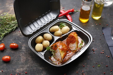 Takeaway food in a box. Ready prepared meal in a box. Tasty catering delivered to the office.