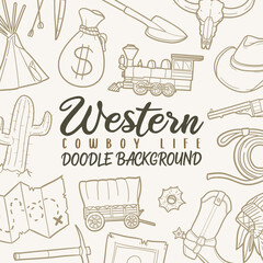 Western Adventure Doodle Banner Icon. Cowboy Vector Illustration Hand Drawn Art. Line Symbols Sketch Background.