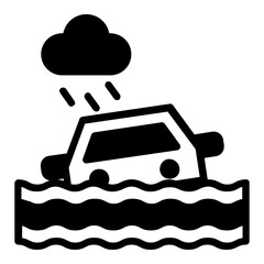 Car Sinking Due to Flood Water Vector Glyph Icon Design, Wet season Symbol on white background, rainfall weather scooter Sign, Heavy Rain Concept stock illustration