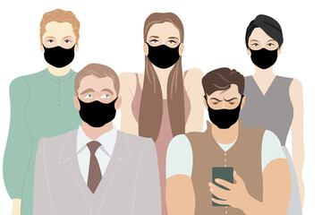 group of different people in masks for the prevention of coronavirus, vector illustration of a protective medical mask on their faces