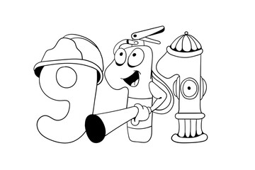Coloring book page funny cartoon smile fire extinguisher and hydrant. Educational game for kids and children. Emergency fire call number 911. Vector illustration
