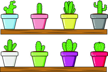 Fototapeta premium Collection of small cactuses in pots